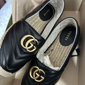 Gucci Quilted Black Espadrilles with Gold Emblem